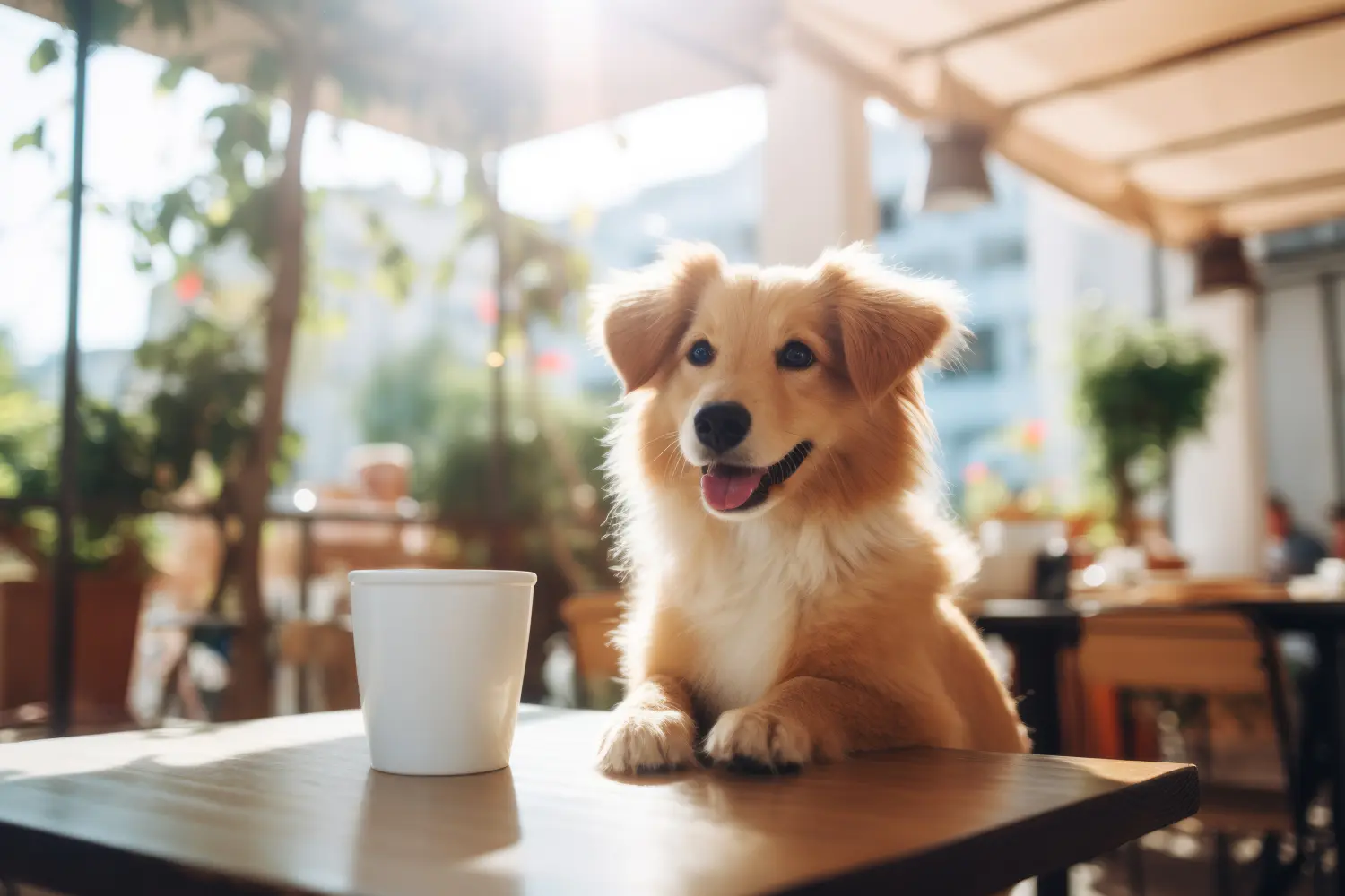 Hübscher goldfarbener Hund sitzt am Cafétisch mit leckerem Essen. Willkommenskonzept für Hunde